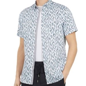 Ted Baker Feather Print Button Down Shortsleeve Shirt White Blue Sz M